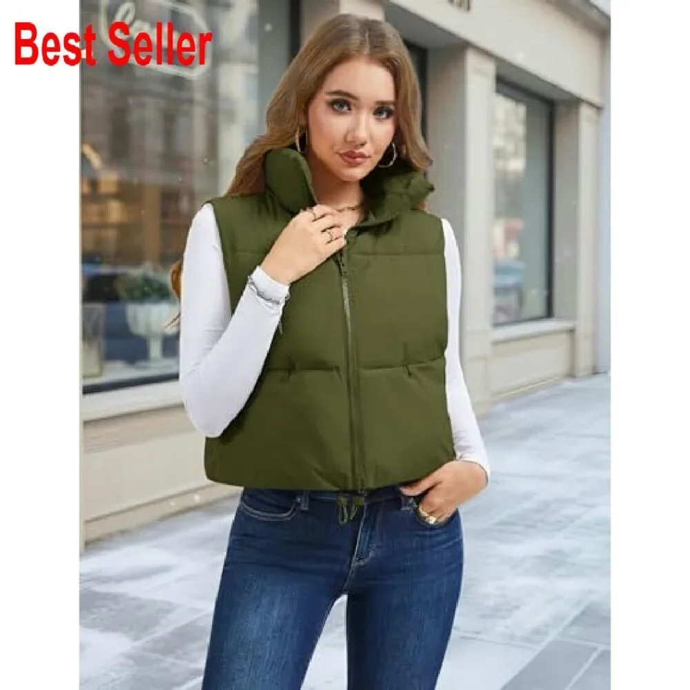 Cropped Puffer Vest Lightweight Warm Zip Up Fashion Stand Collar Chic Layering